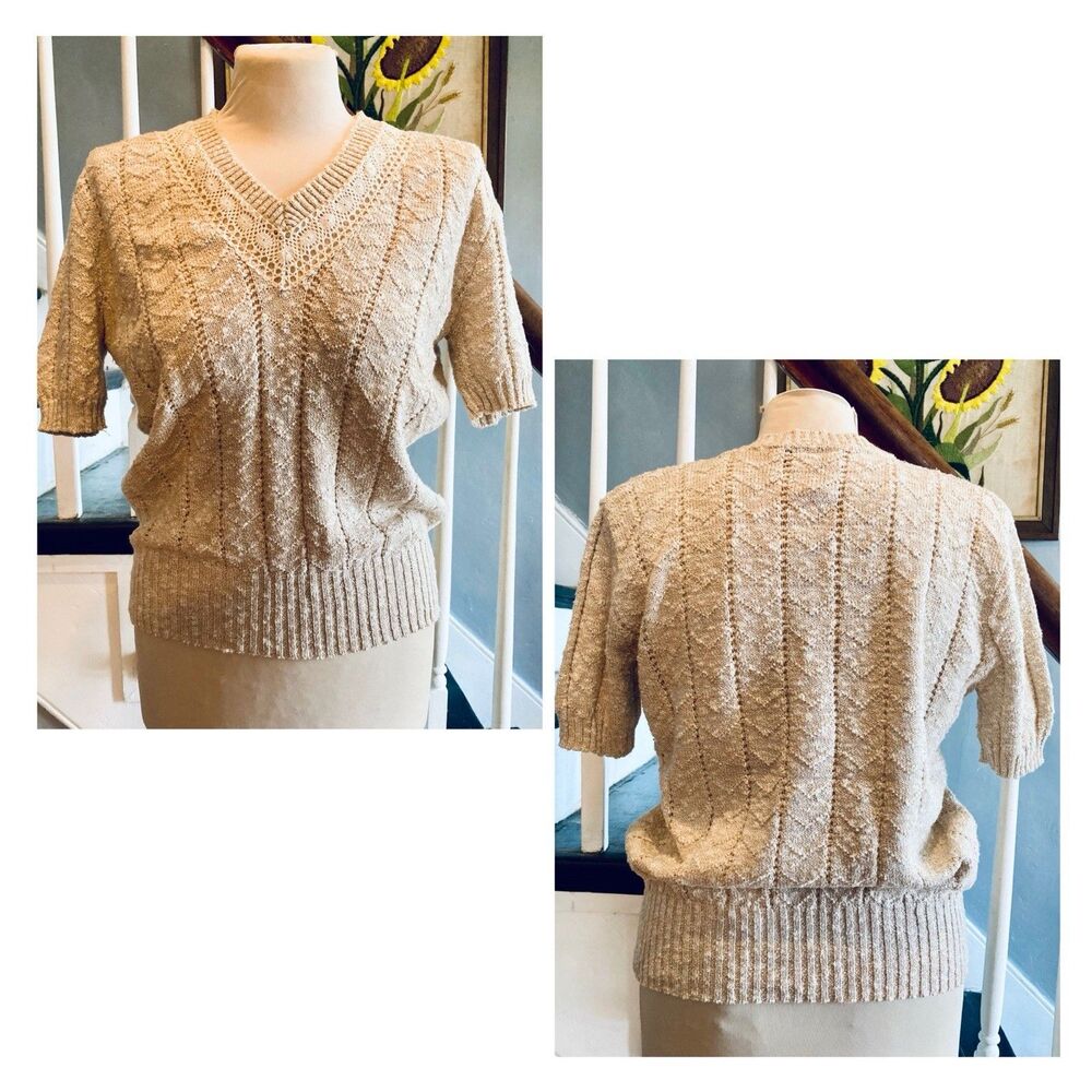 1970s/1980s Beige Taupe Knit Crochet Lace Short Sleeve Sweater Chunky V-neck
